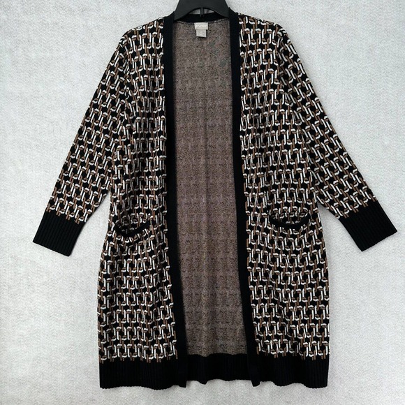 Chicos Long Line Cardigan Sweater Women 2P (LARGE) Open‎ Front Pockets Duster - Picture 1 of 15